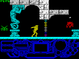Rad Warrior (ZX Spectrum) screenshot: Throwing s stone to the monster. That sort of magnetic field represents something...