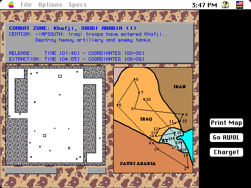 Operation: Desert Storm (Macintosh) screenshot: Briefing with close up map (color)