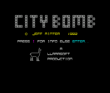 Bomber (ZX Spectrum) screenshot: The title screen read "City Bomb" instead of "City Bomber"