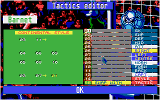 Championship Manager (Atari ST) screenshot: Tactics editor