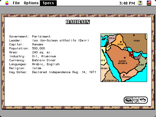 Operation: Desert Storm (Macintosh) screenshot: Country info (color)