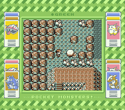 Pocket Monsters Midori (Game Boy) screenshot: Pushing a boulder onto a switch.