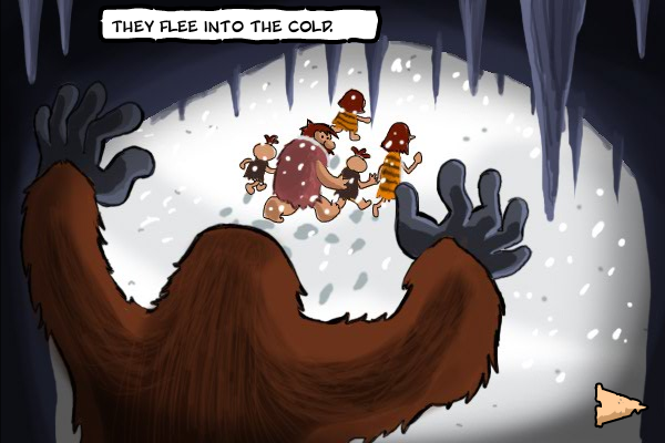 StoneAge Sam 2: The Ice Age (Browser) screenshot: Running for their lives.