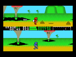 Super Runner (MSX) screenshot: Player 1 in the lead now, picking some object for points