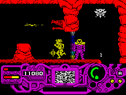 Rad Warrior (ZX Spectrum) screenshot: Ok, the magnetic fields neutralize the armour, I have to go by my feet but there's some sort of radiation in this zone...