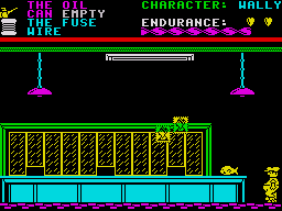 Everyone's A Wally (The Life of Wally) (ZX Spectrum) screenshot: Inside the post office you must avoid the flying stamps of death