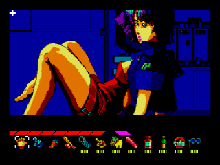 Starship Rendezvous (MSX) screenshot: Female boss at the end of level 1. Red bar is your 'stamina', pink bar is her mood.