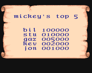 Mickey Mouse: The Computer Game (Amiga) screenshot: High scores.