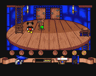 Mickey Mouse: The Computer Game (Amiga) screenshot: Mickey and wolf.
