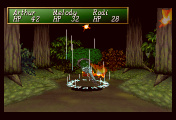 Shining the Holy Ark (SEGA Saturn) screenshot: Forest of Confusion ~ Fighting a Bone Slave. Many of the foes have also the ability to use spells to heal, protect and do damage.