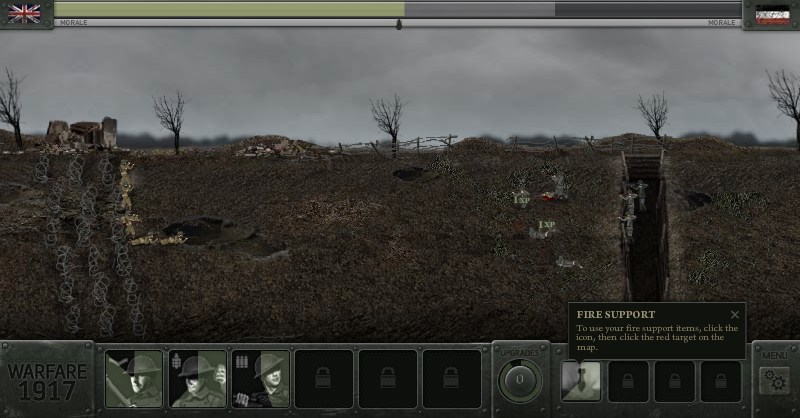 Warfare 1917 (Browser) screenshot: My riflemen trying to advance through razor wire and attack a group of Germans.