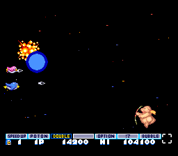 Parodius (TurboGrafx-16) screenshot: In-between levels, you can shoot some easy enemies to power up