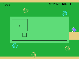 Mini Golf (Spectravideo) screenshot: Course 2 with a corner and an obstacle