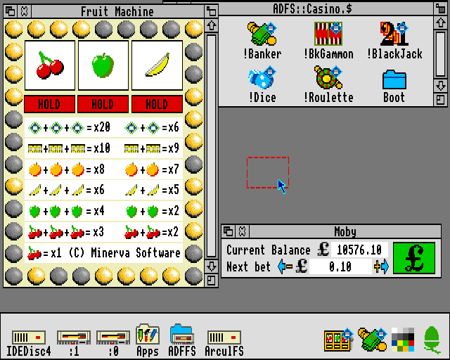 Casino (Acorn 32-bit) screenshot: Fruit Machine - dragging money from the banker to start the game