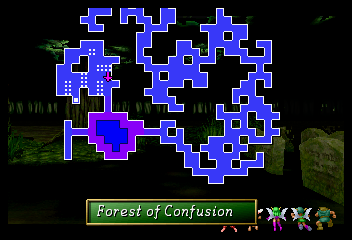 Shining the Holy Ark (SEGA Saturn) screenshot: Forest of Confusion ~ The maps are not very detailed (they don't show chests, switches and other niceties), but they track the group's progress and are easy to navigate.