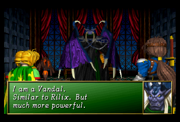 Shining the Holy Ark (SEGA Saturn) screenshot: Graveyard Catacombs ~ The group meets Galm, the most powerful Vandal. On his advice, they start to the three shrines in the south, the west and the east, in order to find the Three Sacred Treasures.