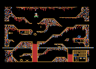 Crisis Mountain (Atari 8-bit) screenshot: Gameplay; jumping across a gap