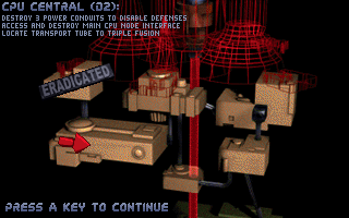 Eradicator (DOS) screenshot: The mission map screen, showing the player's progression. Already completed areas are marked as "eradicated".