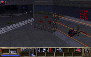 Eradicator (DOS) screenshot: You can use security cameras to snoop on enemies, just like in <i>Duke Nukem 3D</i>. Here the camera can be freely rotated though.