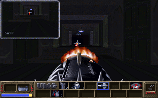 Eradicator (DOS) screenshot: Firing a missile will show its flight in a small window at the top left - the so-called PIP (Picture-In-Picture) feature.