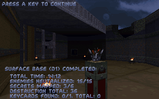 Eradicator (DOS) screenshot: After completing a level, the stats are shown on the screen as the camera pans over the scenery, similar to <i>Quake</i>.