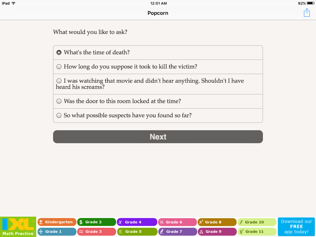 Popcorn, Soda ... Murder? (iPad) screenshot: What would you like to ask?