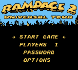 Rampage 2: Universal Tour (Game Boy Color) screenshot: Title screen and main menu
