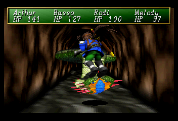 Shining the Holy Ark (SEGA Saturn) screenshot: Mountain Cave ~ It's not what it looks like! That's one of Rodi's power attacks - at least for one turn the enemy will be perplexed and cannot attack the group.