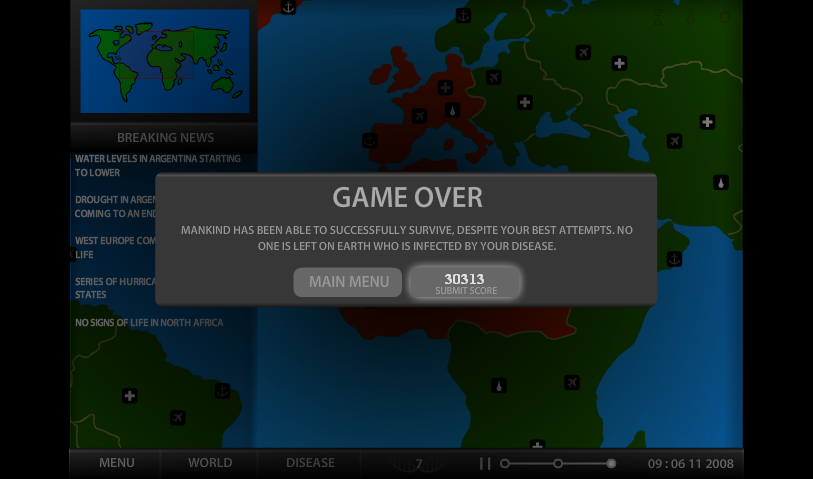 Pandemic 2 (Browser) screenshot: Game Over.