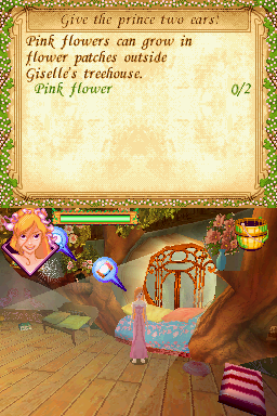 Enchanted (Nintendo DS) screenshot: Inside Giselle's bedroom (the mission objective is always displayed on the top screen)