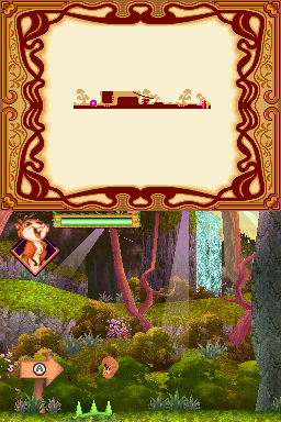 Enchanted (Nintendo DS) screenshot: Jumping over the thorns (either touch Pip with the stylus or press A and right at the same time)