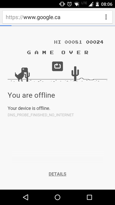 Google Chrome (included game) (Android) screenshot: I said jump! Game over!