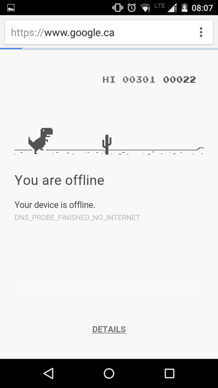 Google Chrome (included game) (Android) screenshot: Jump over that cactus!