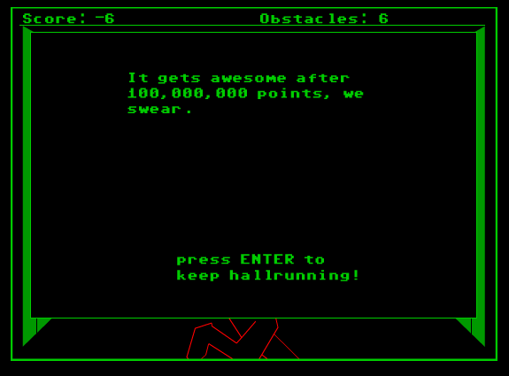 Hallrunner (Browser) screenshot: A message appears every seven obstacles - this game will get awesome... eventually.