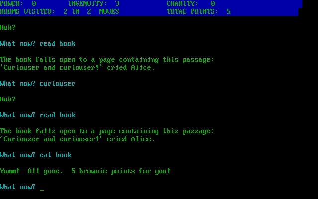 Alice in Wonderland (DOS) screenshot: Alright I ate some brownies!