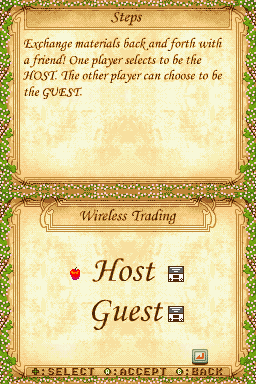 Enchanted (Nintendo DS) screenshot: Wireless Menu (where players can trade materials with each other)