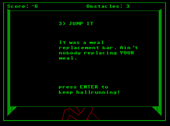 Hallrunner (Browser) screenshot: Jumping an obstacle - neutral outcome.