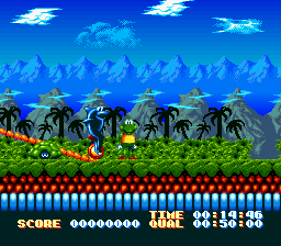 The Super Aquatic Games (SNES) screenshot: Tagging a teammate during a relay race