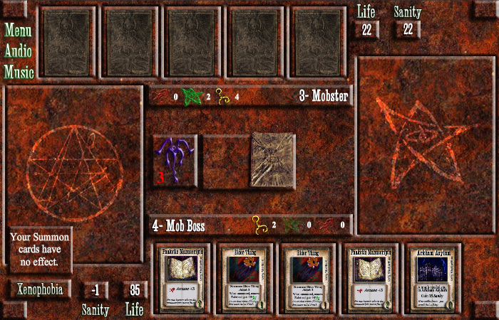 The Necronomicon (Browser) screenshot: Lose enough sanity points and you contract a mental illness, restricting play options