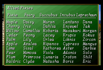Shining the Holy Ark (SEGA Saturn) screenshot: In the player stats you'll find a table with all pixies who joined your party (the shown table lists all 50 pixies of the game).
