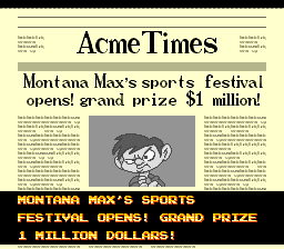 Tiny Toon Adventures: Wacky Sports Challenge (SNES) screenshot: Montana Max offering a cash prize, yeah that really fits his character