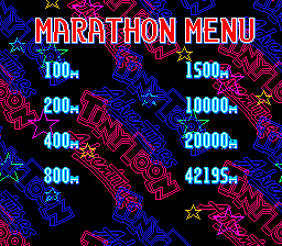 Tiny Toon Adventures: Wacky Sports Challenge (SNES) screenshot: Different lengths for the marathon race...42195m (26 miles) that's a lot of button tapping