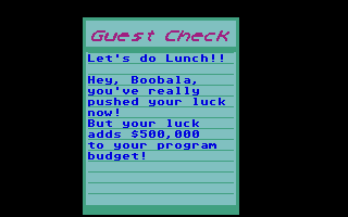 Prime Time (Atari ST) screenshot: Results of my lunch date with an executive