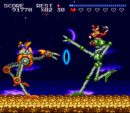 Sparkster (SNES) screenshot: Fighting a mid-boss while riding a metal ostrich.