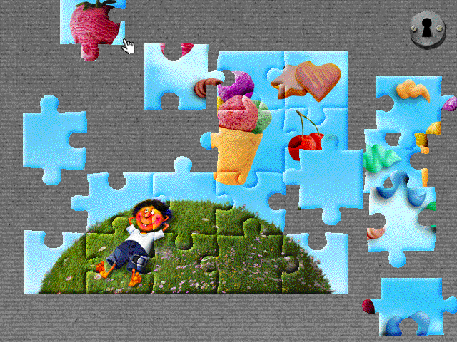 Multimedialny Świat Juliana Tuwima (Windows) screenshot: Jigsaw puzzle for "Dyzio marzyciel" ("Dyzio the Daydreamer")