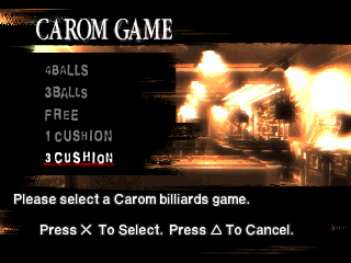 Backstreet Billiards (PlayStation) screenshot: Carom game menu.