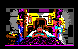 King's Quest IV: The Perils of Rosella (Amiga) screenshot: Intro: King Graham is gravely ill.