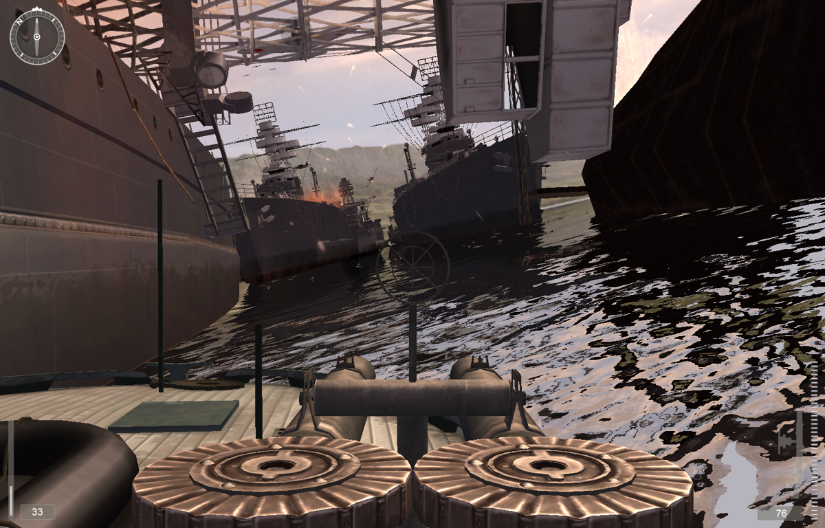 Medal of Honor: Pacific Assault (Windows) screenshot: Squeezing between collapsing ships in a cinematic manner