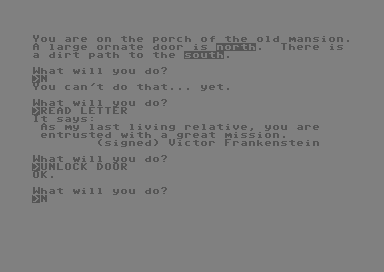 Frankenstein Adventure (Commodore 64) screenshot: Family honor compells me!