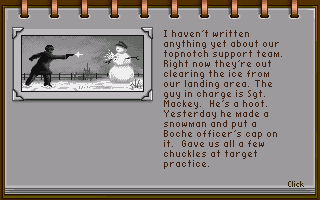 Wings (Amiga) screenshot: The journal: Mackey has some target practice.